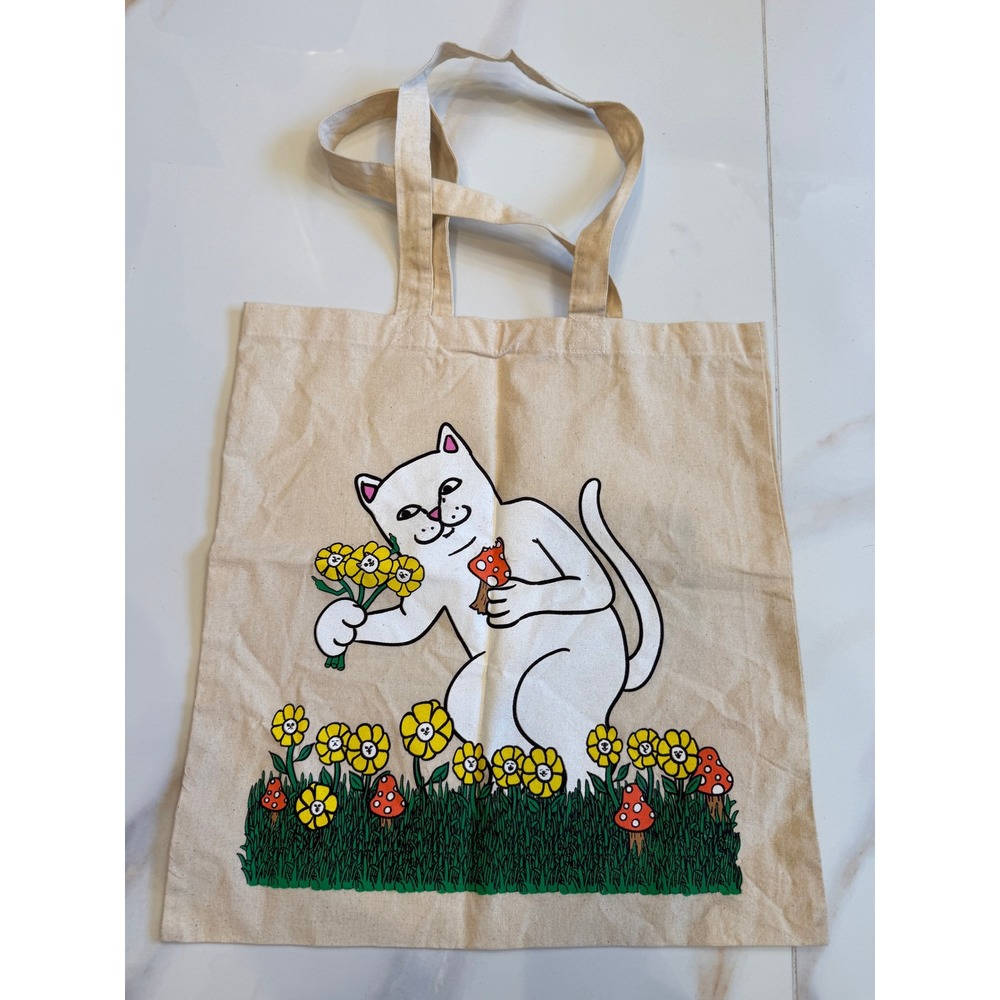 RipNDip Lord Nermal Flower Mushroom Canvas Tote Bag Los Angeles Cream Graphic